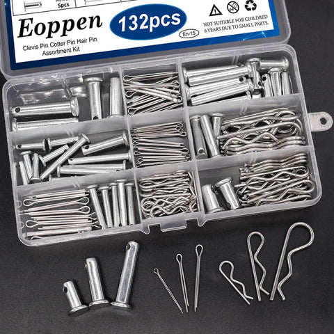 132-Piece Clevis Pin, Cotter Pin, And Hair Pin Set With 304 Stainless Steel in labeled box on black surface