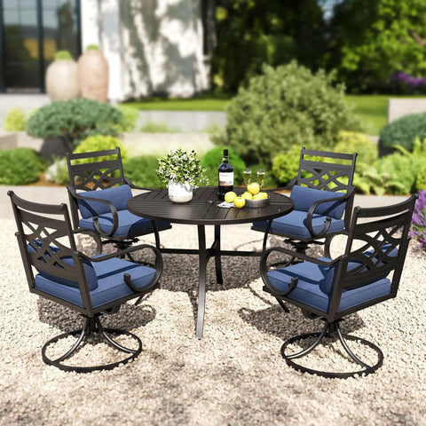Outdoor Swivel Chairs Set Of 2 With Blue Cushions - Wrought Iron Patio Dining Chairs around a black steel table in a garden setting