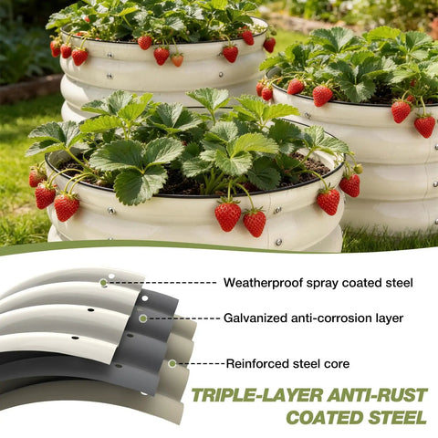 Galvanized Raised Garden Bed Kit With Three 2x2x1ft Round Planter Beds All In One Mini Seed Spreader And Disk Seeder Two Seeding Transplanters Protective Gloves And Handy Tool Kit For Flowers Fruits Vegetables Herbs showing strawberries growing in round steel planters.