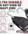 Heavy Duty 3/8 Inch Rope Ratchet Tie Down Pulley Hanger With Self Locking Tension System Built Tough For Shade Sails Hammocks Canopies And Garden Hoisting 250 lb Capacity No Rope Included shown with icons depicting uses like securing heavy loads and hoisting items, with text 'Ultra Durable In Any Kind of Heavy Jobs'. Image displays close-up of pulley system with hooks.