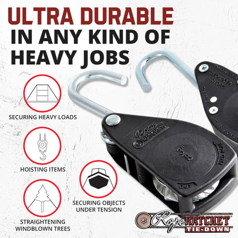 Heavy Duty 3/8 Inch Rope Ratchet Tie Down Pulley Hanger With Self Locking Tension System Built Tough For Shade Sails Hammocks Canopies And Garden Hoisting 250 lb Capacity No Rope Included shown with icons depicting uses like securing heavy loads and hoisting items, with text 'Ultra Durable In Any Kind of Heavy Jobs'. Image displays close-up of pulley system with hooks.