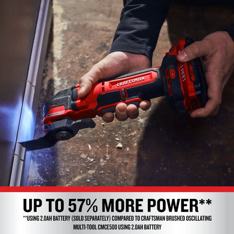 Person using V20 Cordless Oscillating Multi Tool With Beast Mode Power Up To 19000 OPM on metal surface with LED light