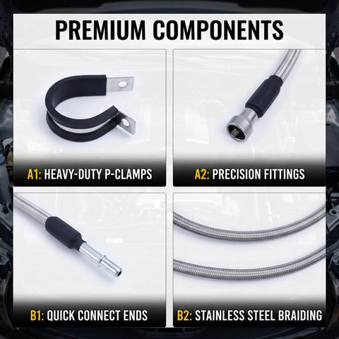 Ultimate Stainless Steel Fuel Line Kit Replaces Chevy And Gmc 819-846 Braided Hose Set For Quick Swap Fixing Rust Leaks And Ensuring Rock Solid Engine Performance Under Squeeze. stainless steel braided fuel line kit with P-clamps and quick-connect ends