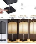 Black Nightstand Lamps 2 Pack with Touch Dimming AC Outlet and Dual USB Ports Fabric Shade Bedside Lamps for Bedroom or Living Room Easy Tap to Dim Modern Home Lighting Duo showing dimming levels.