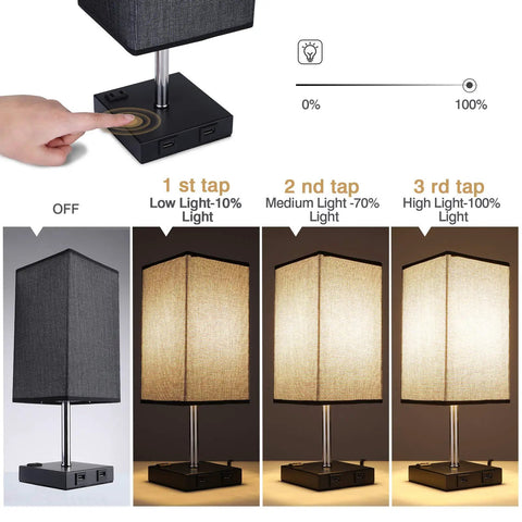 Black Nightstand Lamps 2 Pack with Touch Dimming AC Outlet and Dual USB Ports Fabric Shade Bedside Lamps for Bedroom or Living Room Easy Tap to Dim Modern Home Lighting Duo showing dimming levels.