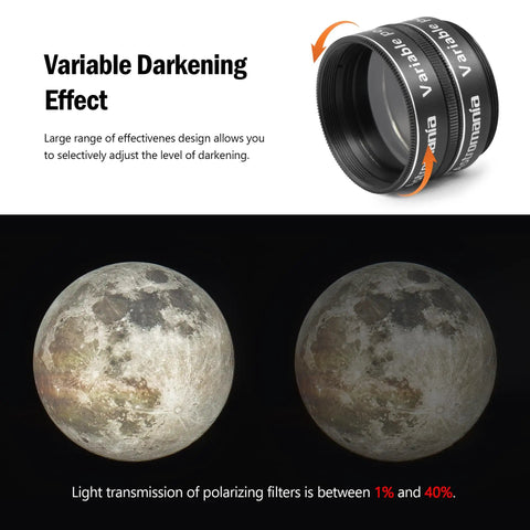 Six-Piece 1.25-Inch Telescope Eyepiece Filter Set with polarizing grey filter illustrating variable darkening effect on moon view
