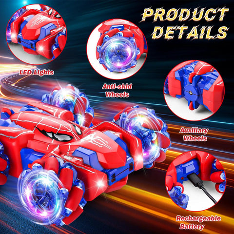 Spider 4WD Remote Control Car With 2.4GHz Radio, Double-Sided Drifting features LED lights, anti-skid wheels, and rechargeable battery.