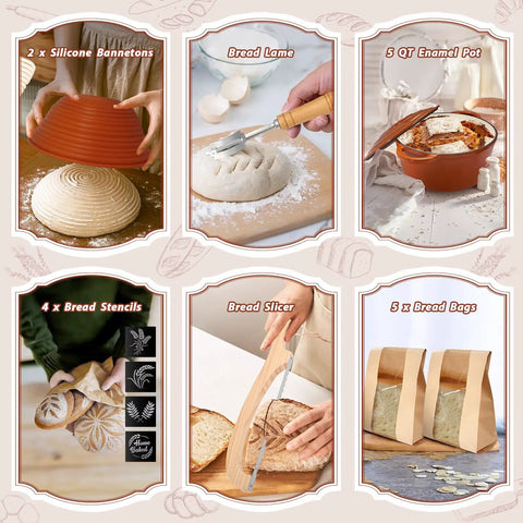All In One Sourdough Starter Kit With Enamel Cast Iron Pot For Pro Style Bread Baking Complete Supplies with tools and ingredients.