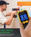 AUNMAS ABS Construction Handheld Stud Finder Wall Scanner with LCD Display in use detecting live wires during drilling.