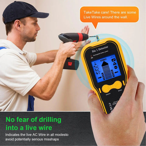 Aolidsive Stud Finder Beam Finder, 5 in 1 Wall Detector Scanner in use, detecting live wires while drilling.