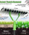 Diagram of Beefy 13 Inch Dethatching Rake With 55 Inch Handle, removing thatch and improving soil airflow with sharp tines.
