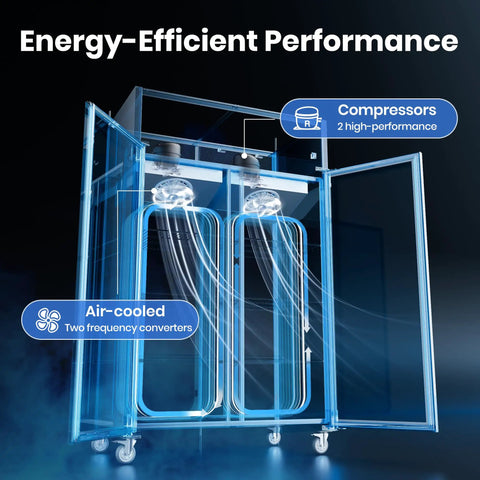 Inside view of Totally Legit Commercial Upright Freezer Refrigerator Combo With Dual Temp Zones and 36 Cubic Feet of spacious stainless storage.