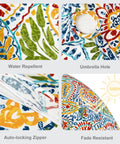 Close-up of Outdoor Rectangle Tablecloth With Umbrella Hole And Zipper Water Repellent And Fade Resistant 60 By 84 Inch Paisley Multi