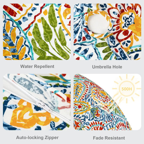 Close-up of Outdoor Rectangle Tablecloth With Umbrella Hole And Zipper Water Repellent And Fade Resistant 60 By 84 Inch Paisley Multi