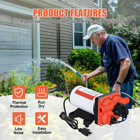 Man using On Demand 110V Water Pressure Pump 5.5 GPM 70 PSI Self Priming Diaphragm Pump for RV fresh water and garden sprinklers