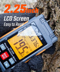 Wood Moisture Meter Handheld Digital Moisture Tester With Two And A Quarter Inch LCD Display And Tri Color Backlight in use on wood.