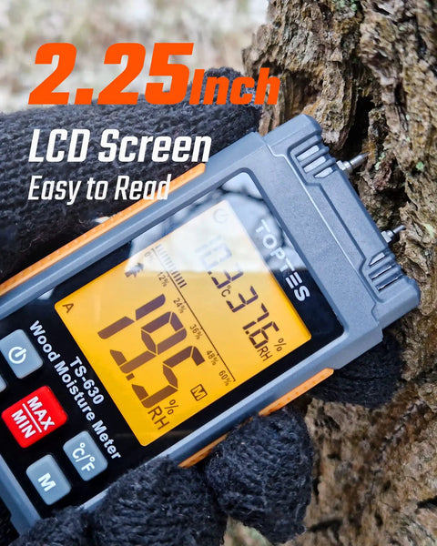 Wood Moisture Meter Handheld Digital Moisture Tester With Two And A Quarter Inch LCD Display And Tri Color Backlight in use on wood.