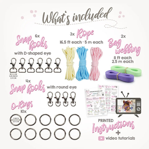 DIY Hobby Horse Halter Kit for Stick Horses materials including ropes, snap hooks, O-rings, webbing, and printed instructions.