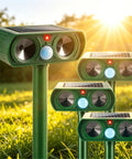 Solar Ultrasonic Outdoor Animal Deterrent With Motion Sensor IP65 Waterproof Garden Repeller Scares Squirrels Dogs Raccoons Skunks Rabbits Coyotes Deer From Your Yard Humane Solar Powered Yard Protection, green solar unit on stake