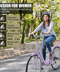 Woman riding Foldable 26 Inch Beach Cruiser Bicycle For Women And Adults With 7 Speed Shifting in purple on a park path.