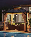 10x10 Ft Hardtop Gazebo With Dual Layer Metal Roof, Galvanized Steel Canopy, Netting And Curtains by a pool at night