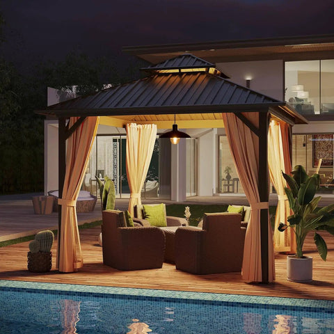 10x10 Ft Hardtop Gazebo With Dual Layer Metal Roof, Galvanized Steel Canopy, Netting And Curtains by a pool at night