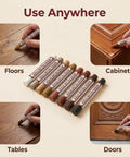 8 Color Wood Filler Sticks Repair Kit Waterproof Sandable Paintable Wax Putty For Furniture Floor Cabinets Touch Up White Hole Fix Scratch Repair For Seamless Finish shown in use on floors, cabinets, tables, and doors.