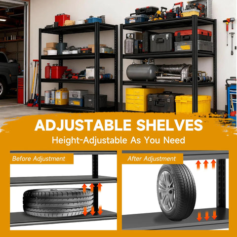 Heavy Duty 5 Tier Garage Shelving Unit With 2500 Pound Capacity, 72 Inch High, adjustable shelves in a garage setup