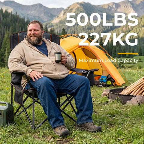 Man sitting on Oversized Folding Camping Chair With 500 Lbs Support, Padded Cushion And Built-In Cooler Pockets, in camping setting