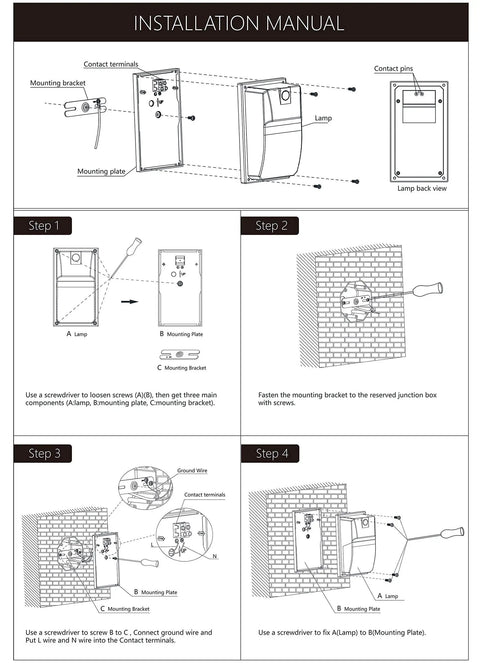 Installation manual for LED Wall Pack With Photocell Dusk To Dawn Outdoor Porch Light 18W 2160 Lumens, step-by-step guide.