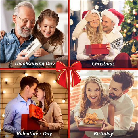 Collage of people exchanging gifts during holidays: Thanksgiving, Christmas, Valentine's Day, and Birthday celebrations.