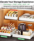 Legit Heavy Duty Pull Out Cabinet Organizers in frameless kitchen, sizes 15.8in and 20in, showcasing storage for spices and appliances.