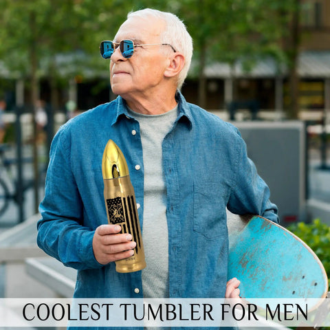 Man holding 17oz Gold Stainless Steel Tumbler With American Flag Tool Design And I Fix Stuff And I Know Things Phrase.