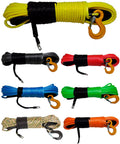 Various colored winch ropes with hooks, including Yellow DynaTech UHMWPE Winch Rope 5/16 Inch x 100 Foot Beefy 14,960 lb Break Strength.