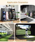 Wooden Golf Bag Organizer With Wheels For Garage And Home Use Holds 3 Golf Bags in different scenarios like a garage and golf club.