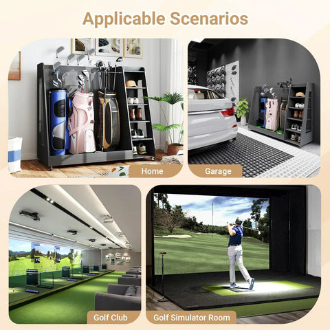 Wooden Golf Bag Organizer With Wheels For Garage And Home Use Holds 3 Golf Bags in different scenarios like a garage and golf club.