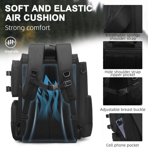 Back view of black All Weather Fishing Backpack With Rod Holders And Tackle Storage, showing straps and breathable air cushion