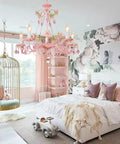 Pink Crystal Chandelier For Girls Room With Five Lights, 23.6 Inch Wide Rose Flower Style Pendant Lighting above bed