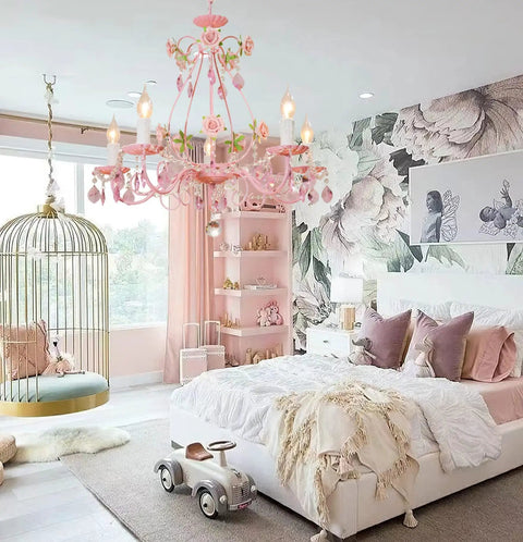 Pink Crystal Chandelier For Girls Room With Five Lights, 23.6 Inch Wide Rose Flower Style Pendant Lighting above bed