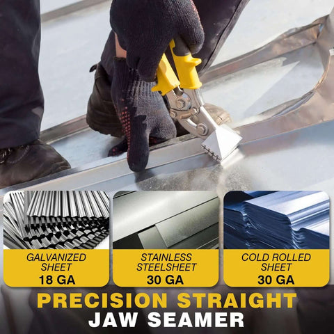 Pro Grade Offset Hand Seamer Set 3 Inch and 6 Inch Wide Jaw Sheet Metal Benders in use on metal surface