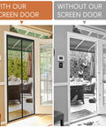 Heavy Duty Screen Door Mesh For 32x80 Inch Openings Keeps Bugs Out Hands Free For Interior Sliding Doors And Patio Black 34x82 Inch With Reinforced Edges Durable Material Easy Install And Quick Setup For Mosquito Prevention installed comparison view