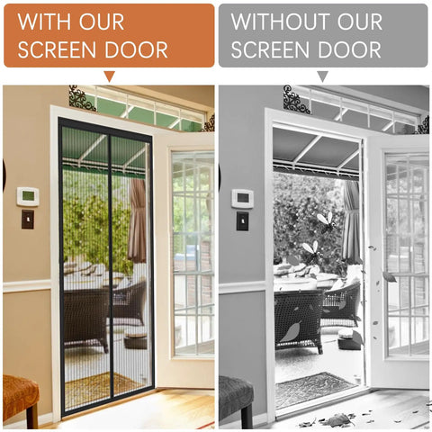 Heavy Duty Screen Door Mesh For 32x80 Inch Openings Keeps Bugs Out Hands Free For Interior Sliding Doors And Patio Black 34x82 Inch With Reinforced Edges Durable Material Easy Install And Quick Setup For Mosquito Prevention installed comparison view