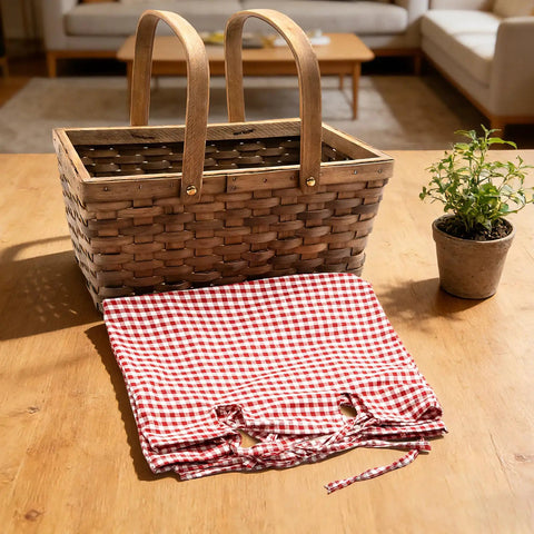 Dual Size Picnic Basket Set With Double Folding Handles 16 Inch Woodchip Woven Basket With Removable Red And White Liner