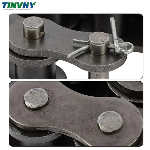 Huge 100 Roller Chain 10 Ft Kit With Connecting Links For Heavy Duty Construction Machinery And Lumber Processing Needs That Get The Job Done Fast. close-up of steel chain links and connecting pins