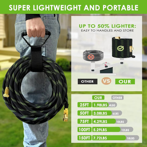 FlexiSolve 100 ft garden hose, non-expandable ultra-lightweight, black with green stripe and strap, brass fittings