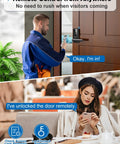 A man and woman using Smart Door Lock With Handle 6 Way Unlocking Fingerprint App Passcode Keyless Entry IC Card And Alexa Voice Control Electronic Deadbolt With Handle Gateway Included.
