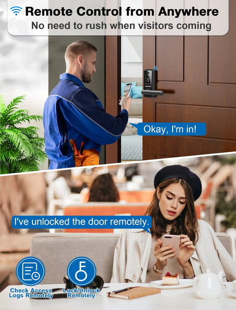 A man and woman using Smart Door Lock With Handle 6 Way Unlocking Fingerprint App Passcode Keyless Entry IC Card And Alexa Voice Control Electronic Deadbolt With Handle Gateway Included.