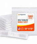 Adhesive Bubble Wrap Sheets 12 X 12 Inches, 180 Count, stacked with product label visible, for Shipping and protecting items.