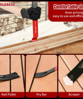 Four Piece Heavy Duty Pry Bar Set With Nail Puller And Crowbars In Five And A Half Inch Seven And A Half Inch Ten Inch And Fifteen Inch Sizes For Prying Scraping Lifting And Pulling In Woodworking And Construction Projects with hand grip in use