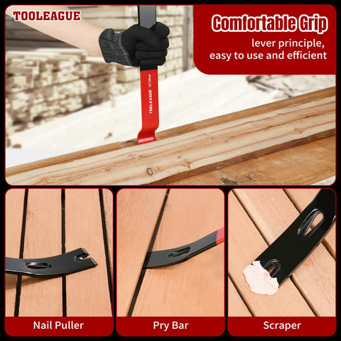 Four Piece Heavy Duty Pry Bar Set With Nail Puller And Crowbars In Five And A Half Inch Seven And A Half Inch Ten Inch And Fifteen Inch Sizes For Prying Scraping Lifting And Pulling In Woodworking And Construction Projects with hand grip in use